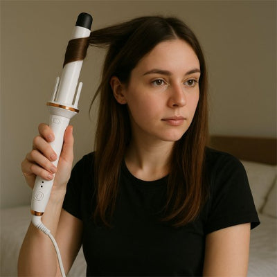 jeune fille utilise un boucleur automatique blanc