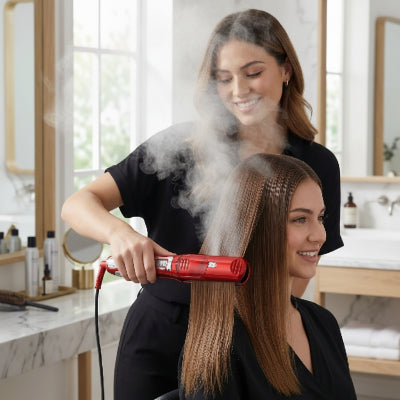 coiffeuse utilise fer a lisser vapeur