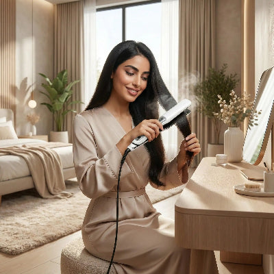 femme arabe utilise lisseur a vapeur