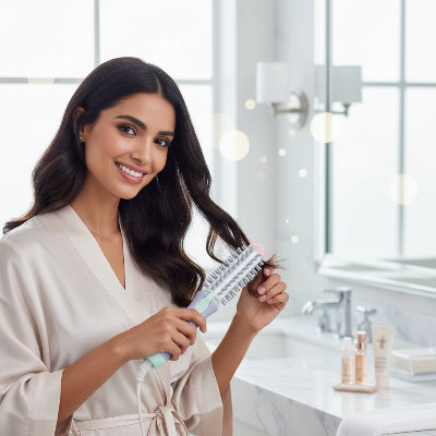 femme arabe utilise mini lisseur violet