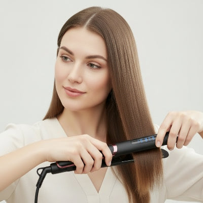 femme  aux  yeux vert utilise lisseur à cheveux