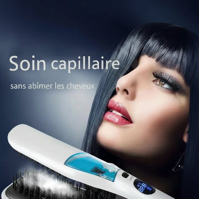 femme brune utilise lisseur vapeur