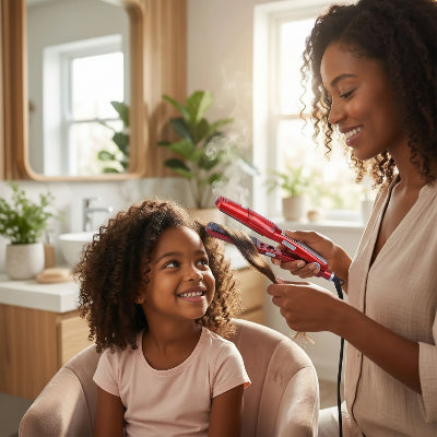 femme utilise fer a lisser vapeur pour sa fille