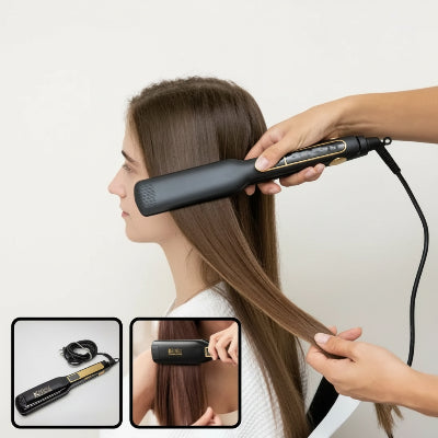 femme se fait coiffer avec lisseur cheveux