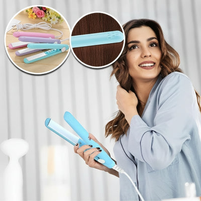 femme porte une chemise tient lisseur à cheveux