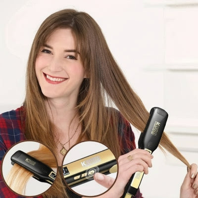 fille souriante tient lisseur cheveux