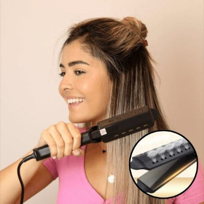 jeune  fille utilise lisseur a vapeur noir