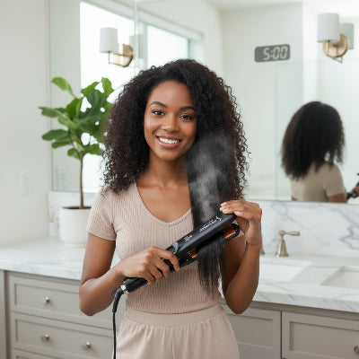 jeune africaine utilise lisseur vapeur