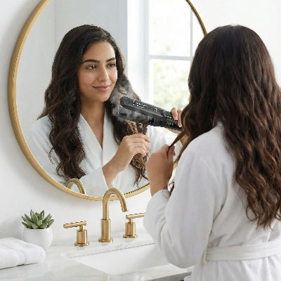 jeune arabe utilise lisseur a vapeur