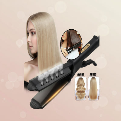 jeune blonde avec lisseur a vapeur