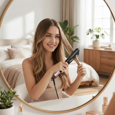 jeune femme utilise lisseur boucleur