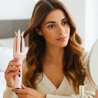 Jeune femme utilise un boucleur automatique 