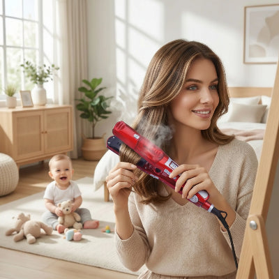 jeune maman utilise fer a lisser vapeur