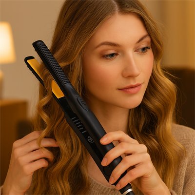jeune  blonde  utilise fer a lisser noir