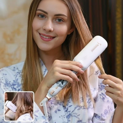 jeune femme souriante utilise lisseur blanc