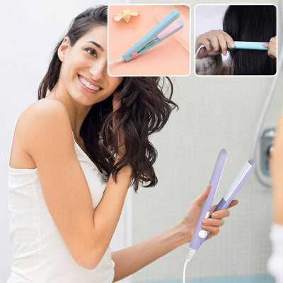 jeune souriante tient lisseur  
à cheveux violet