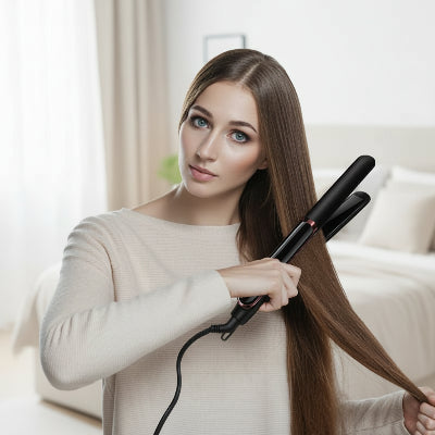 jeune femme utilise lisseur à cheveux noir