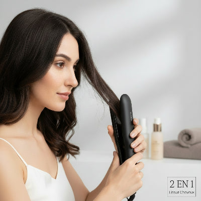 jeune femme utilise lisseur sans fil noir