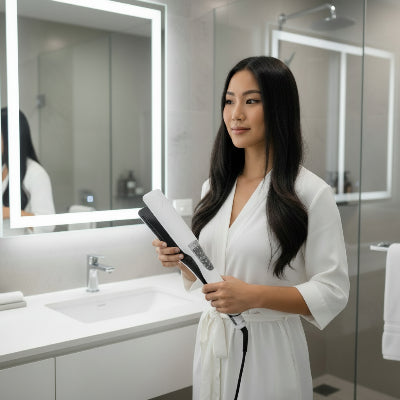 une asiatique tient lisseur-a-vapeur 