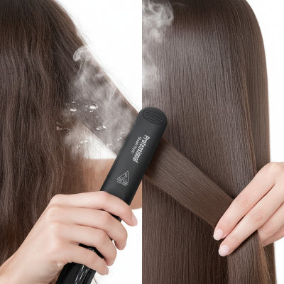 une-damme-utilise-lisseu-vapeur-noir