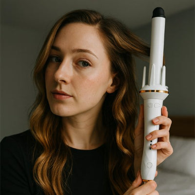 une femme tient un boucleur automatique blanc