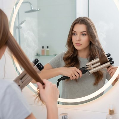 une fille utilise un Fer a friser gris