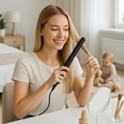 une maman utilise lisseur cheveux noir